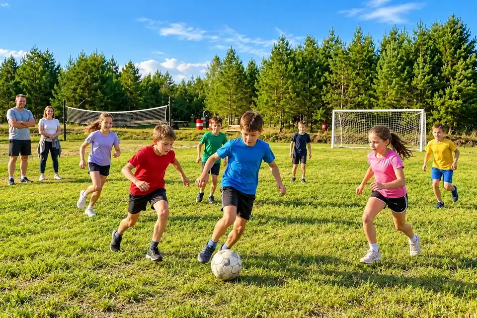 Дети играют в футбол на поле у соснового леса